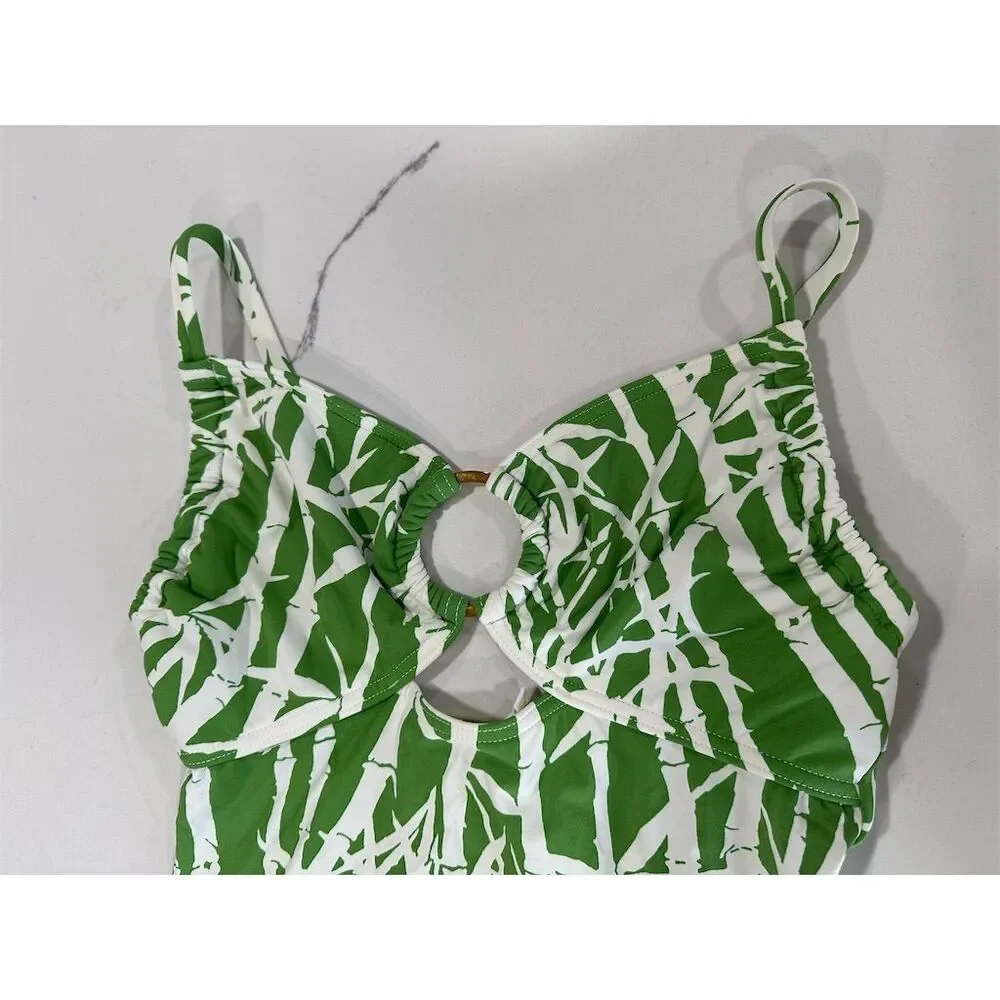 MICHAEL KORS One‎ Piece Swimsuit Green White Bamboo Print Ring Accent Size S